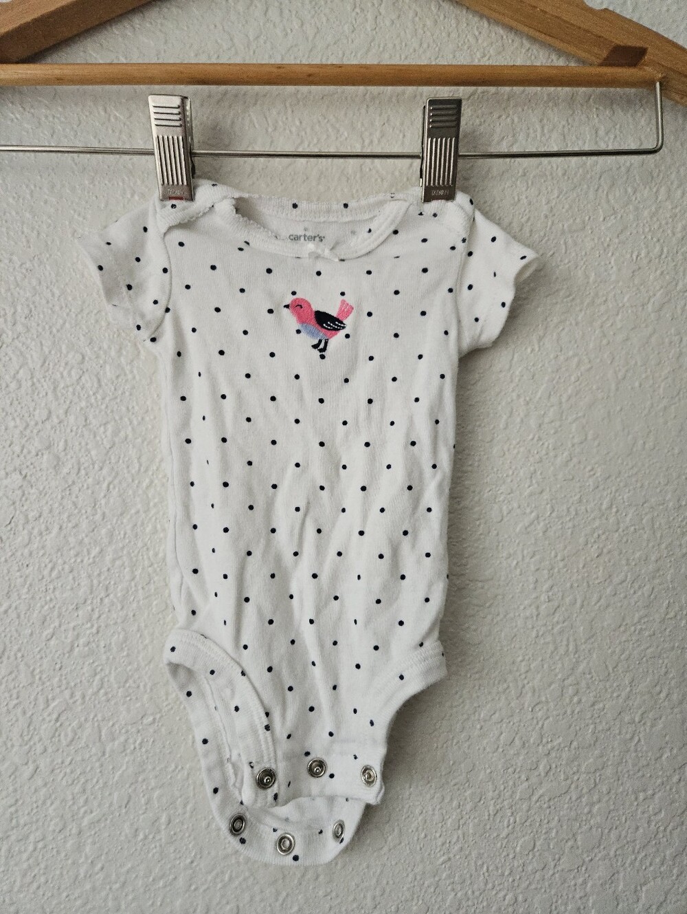 Carter's 100% cotton White Polka Dot sorry sleeve onesie with Pink Bird, newborn